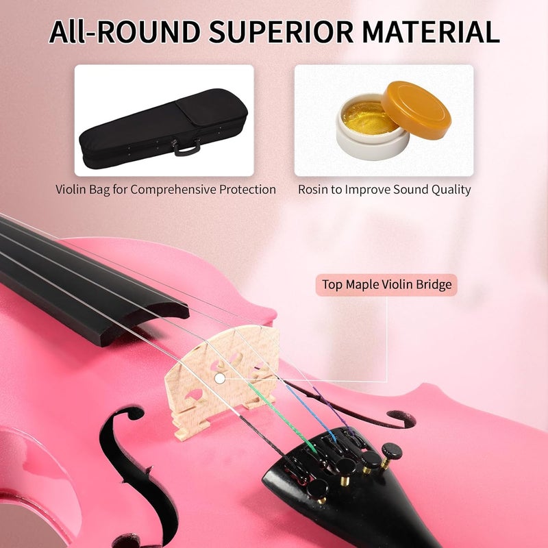 Kcelarec Acoustic Violin, Solid Wood Fiddle with Bow Case Rosin, Stringed Musical Instrument Violin for Beginner (1/8, Pink) - Image 5